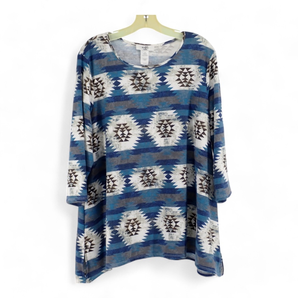 Moa Moa Women's Size 1X ~16W Blouse Blue Southwestern 3/4 Sleeve Ladies Plus Top